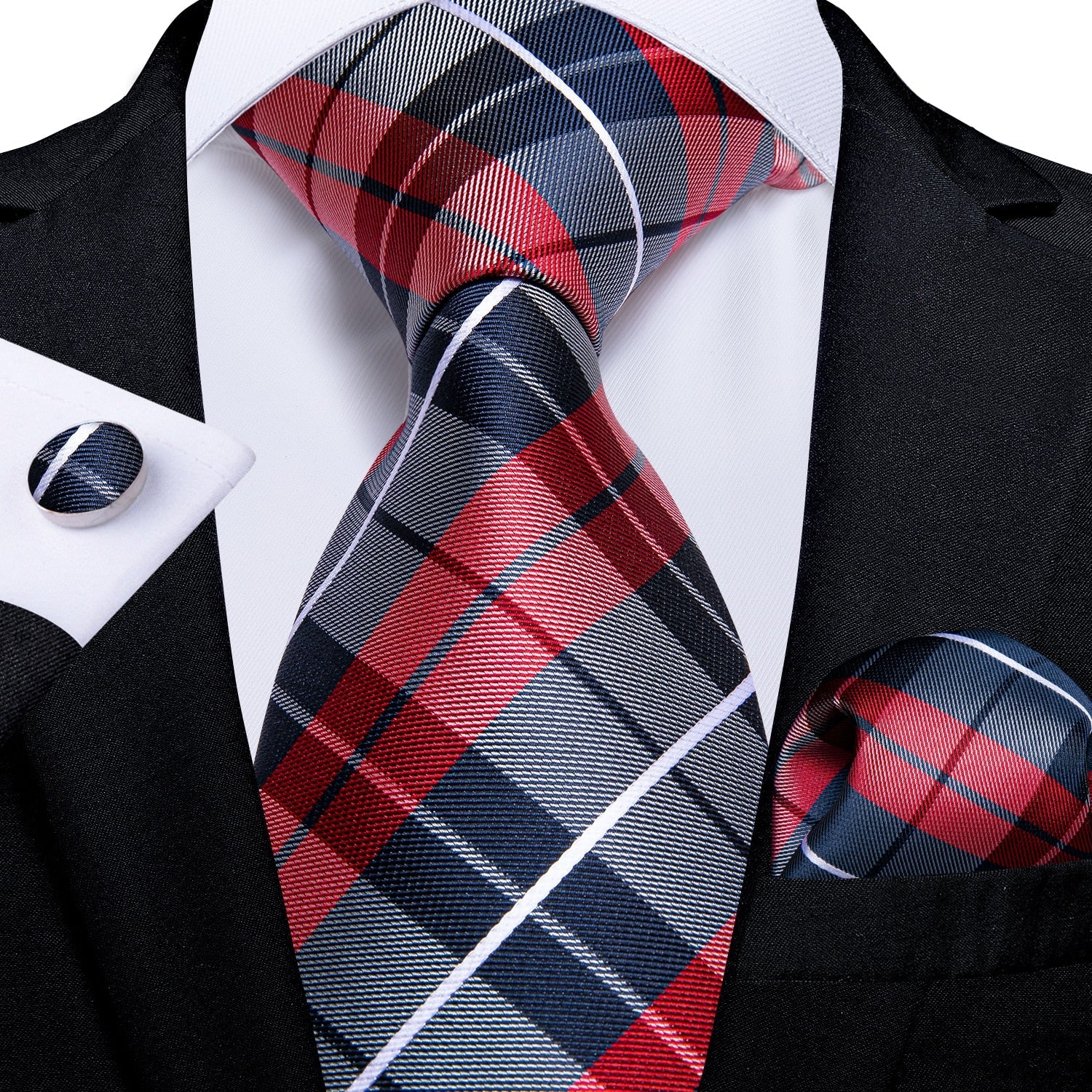 Graue Krawatte mit roten und marineblauen Karos