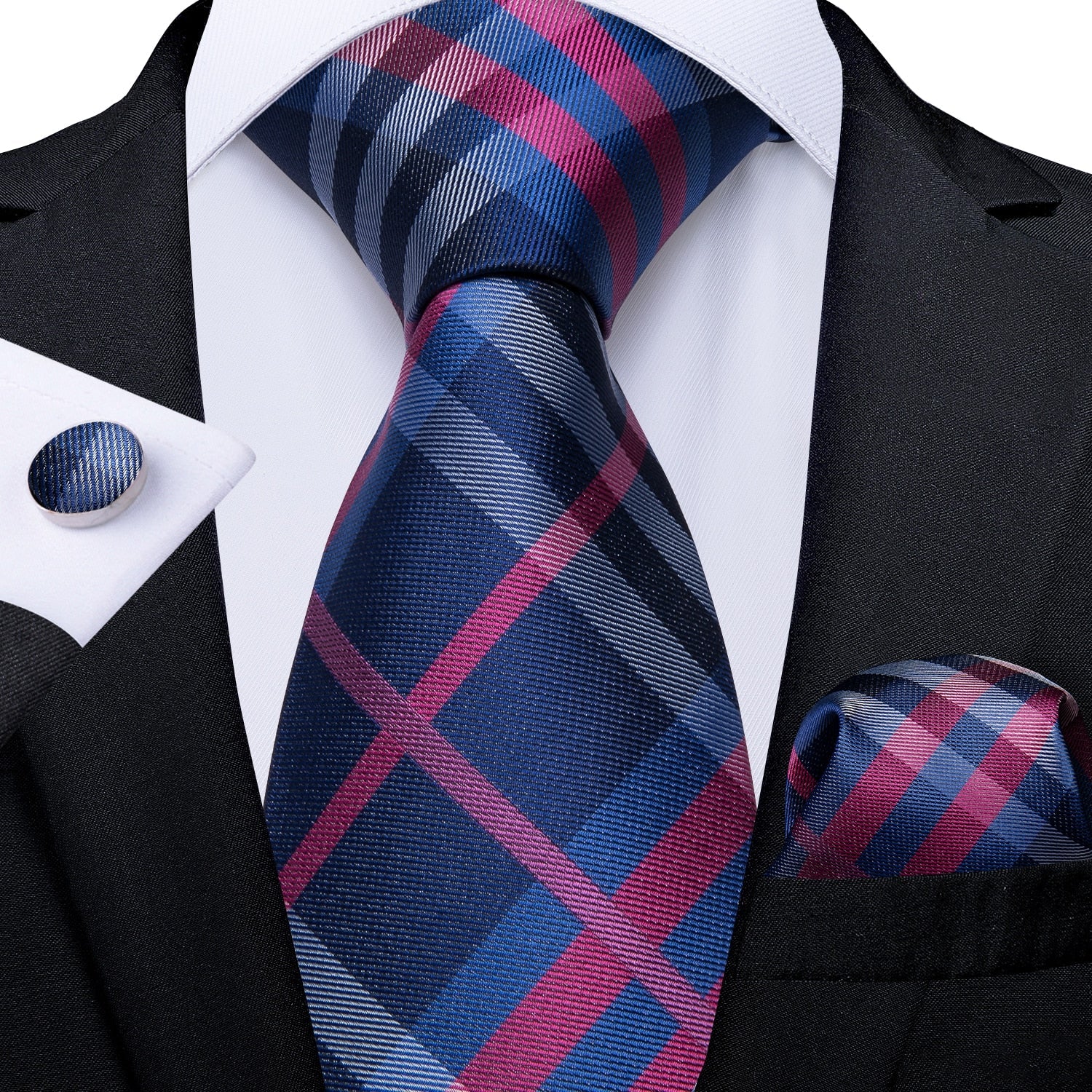 Marineblaue Krawatte mit rosa und grauem Karomuster