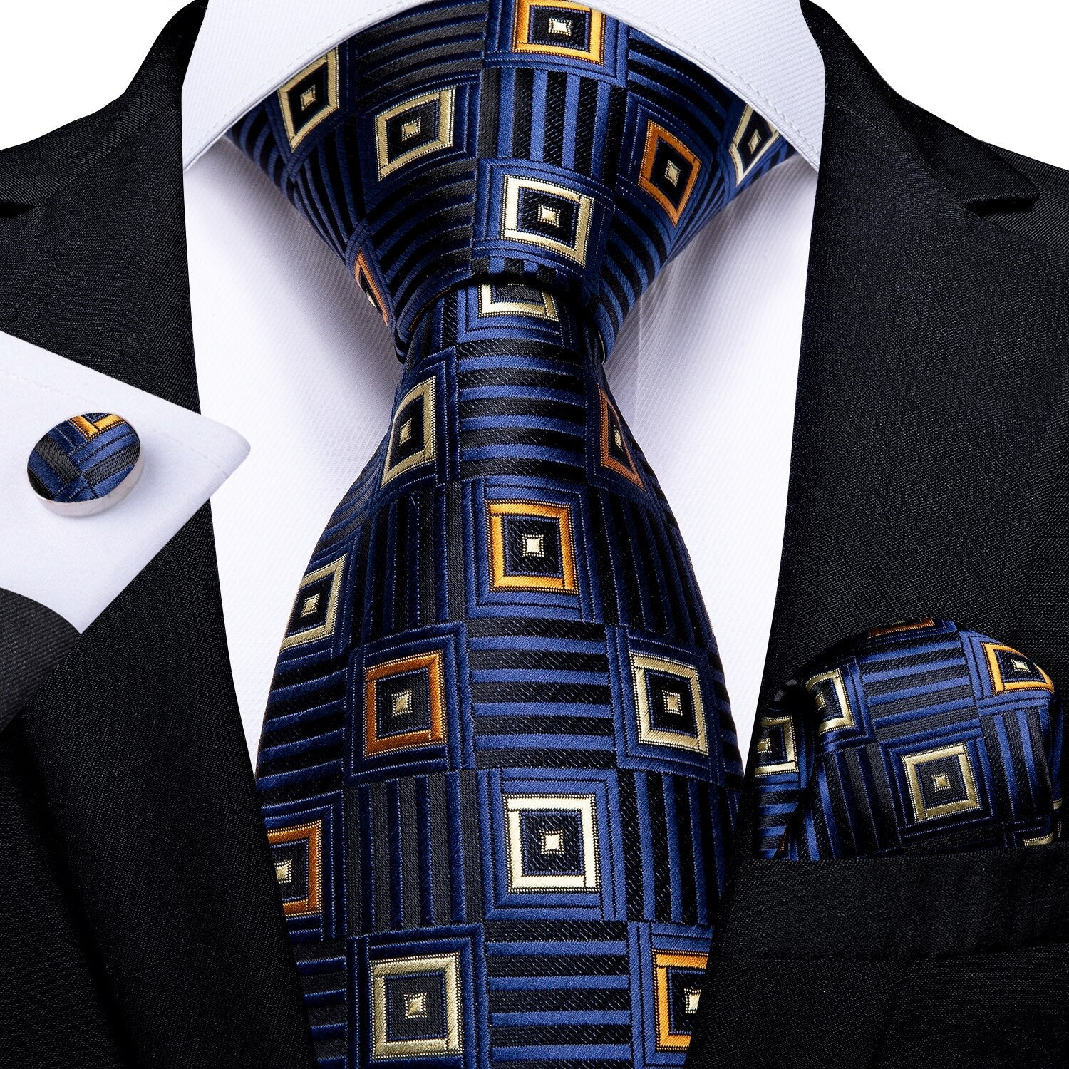 Marineblaue Krawatte mit orange-weißen Karos