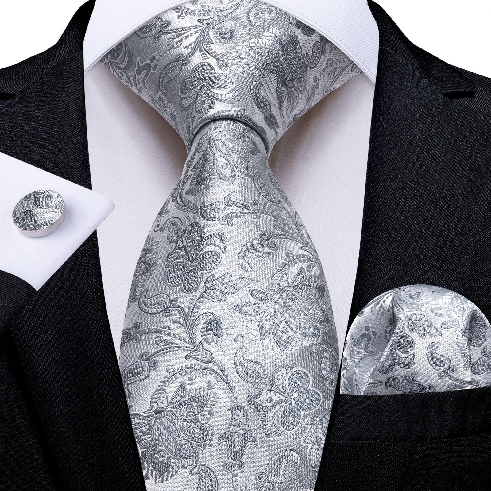 Silberne Krawatte mit grauen Blumen