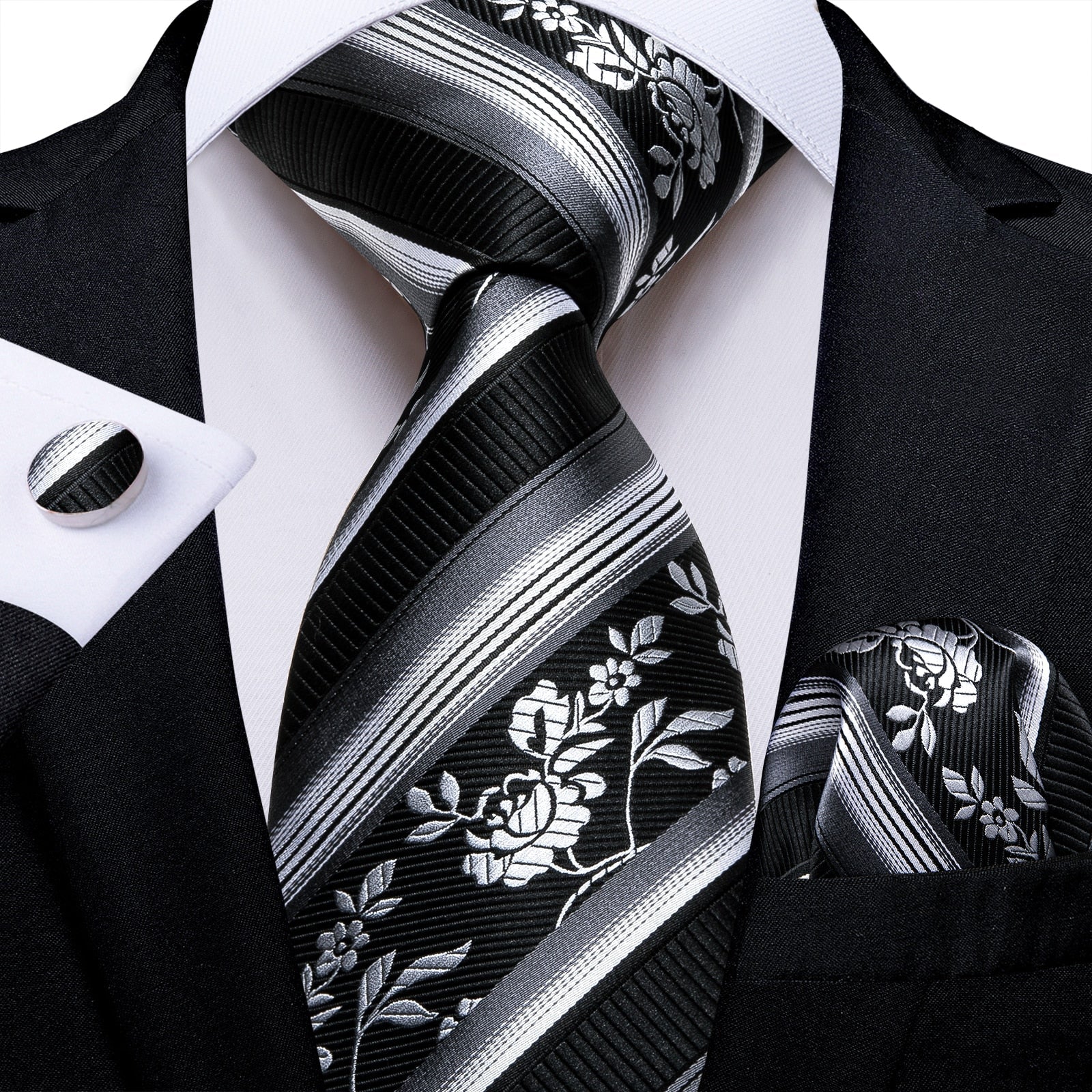 Gestreifte Krawatte Schwarz Mit Weißen Blumen