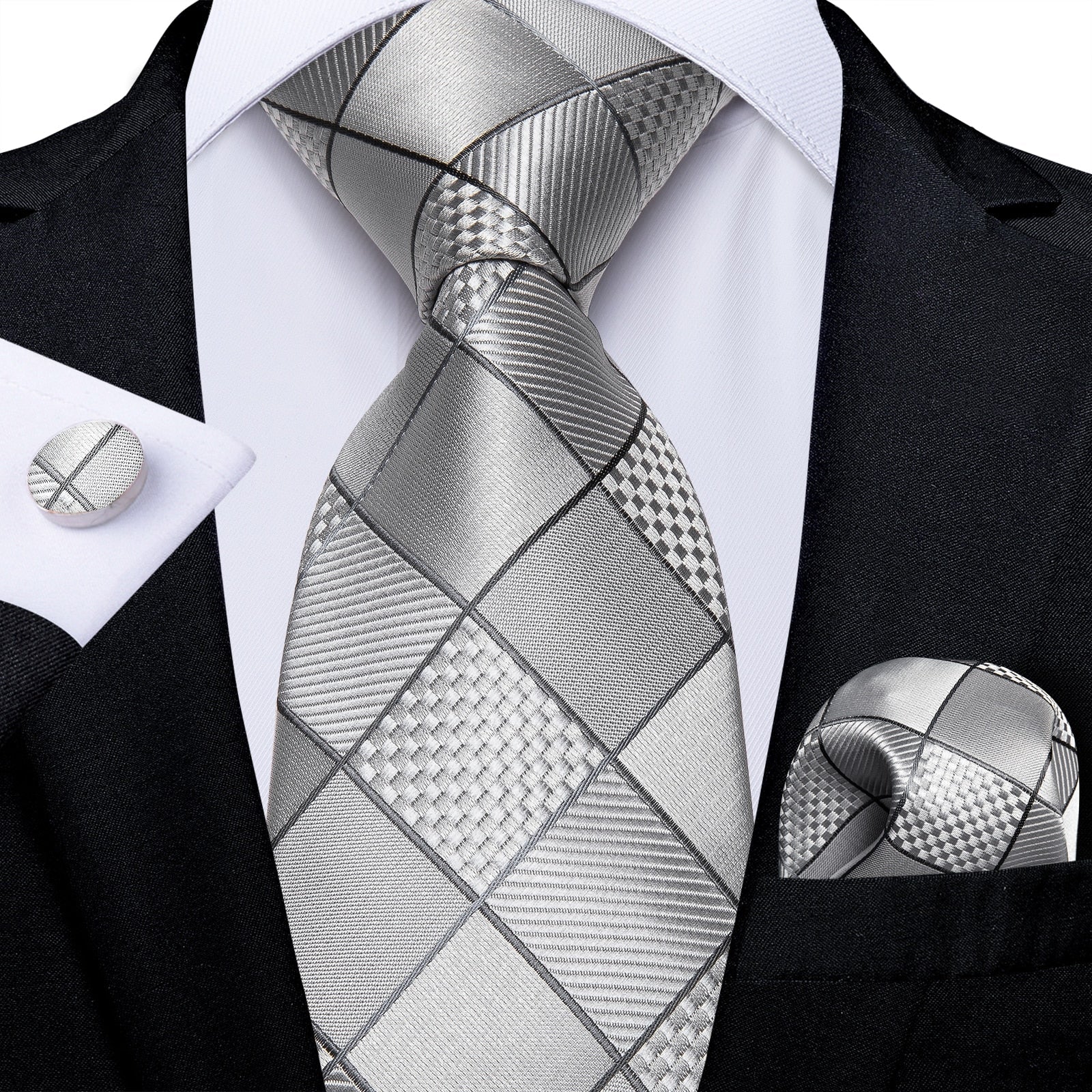 Silbergraue Krawatte mit Karomuster