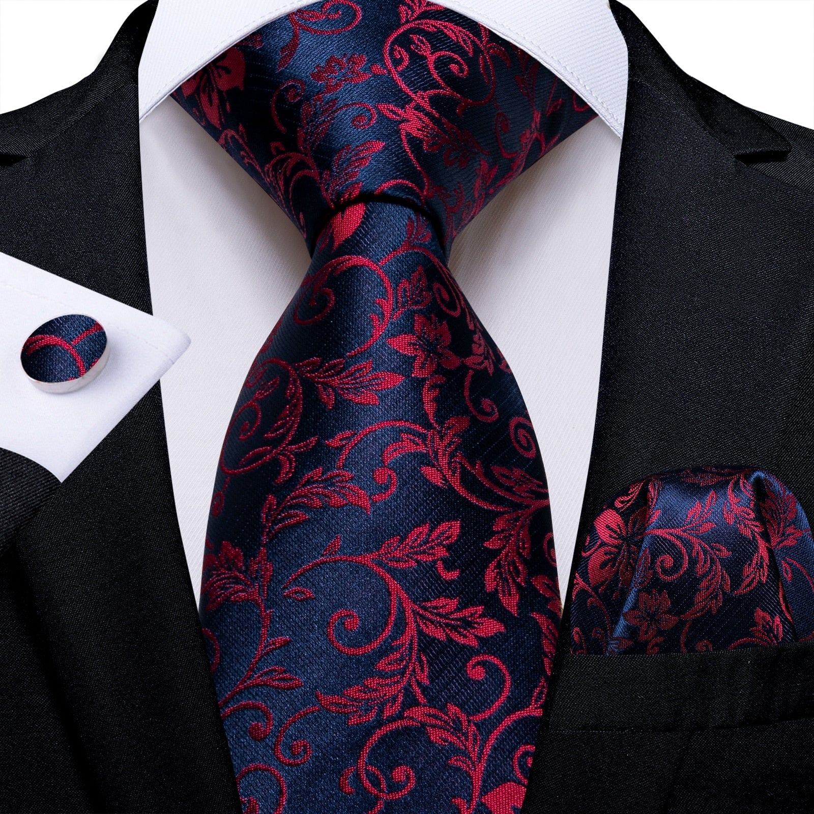 Geblümte Krawatte in Marineblau und Rosenrot